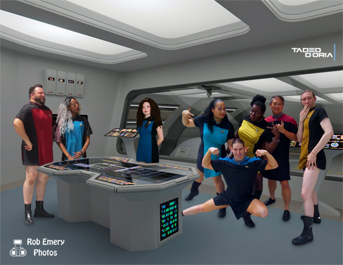 Star Trek TNG crew in skants gather near the hanger bay
